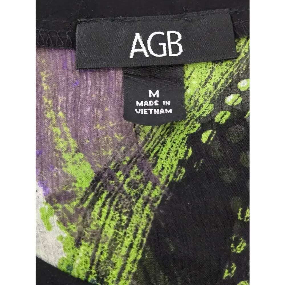 AGB Black Purple Lime Green Keyhole Neck Beaded Bodice Top M Lightweight